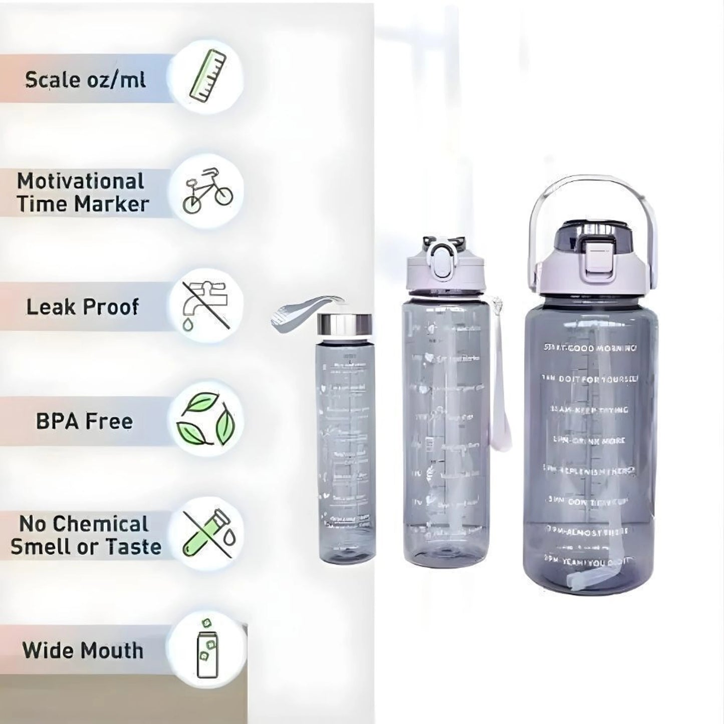 Set of 3 Transparent Motivational Water Bottles