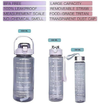 Set of 3 Transparent Motivational Water Bottles